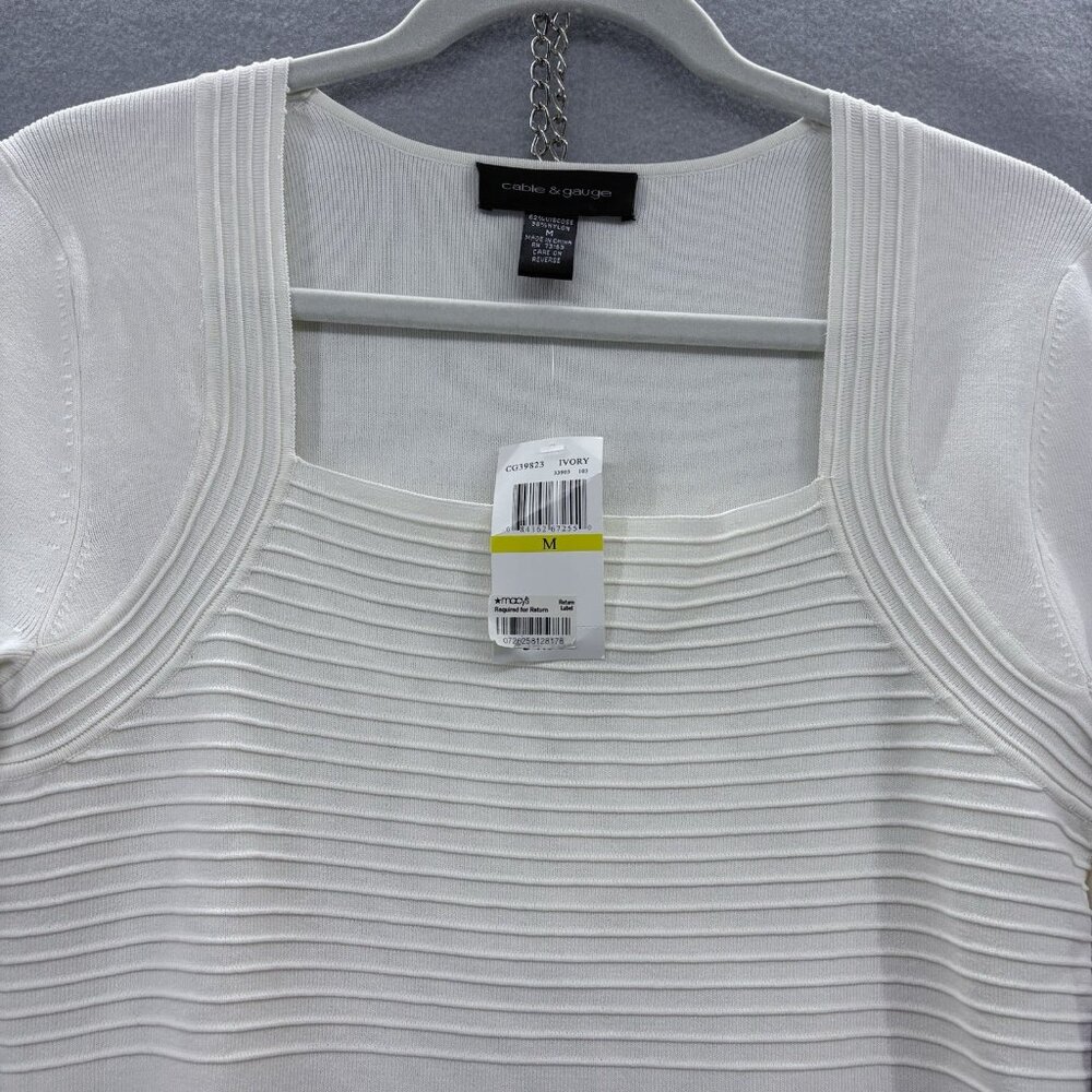Cable & Gauge Cream Tight Knit Sweater, Square Neck&Ribbed Design SZ Medium NWT - Picture 2 of 8